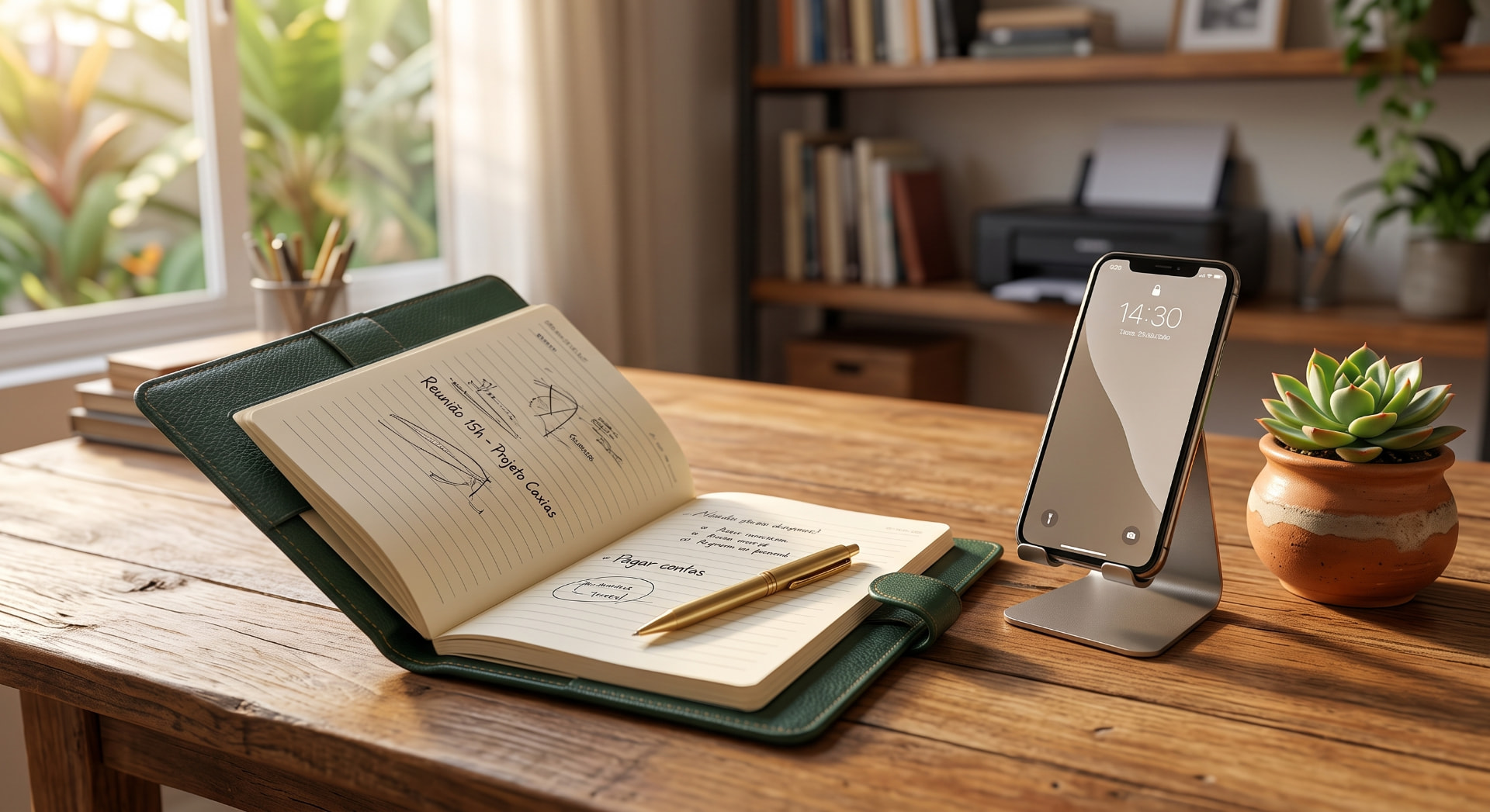Caderno aberto e celular sobre uma mesa de madeira, representando o acesso por doze meses ao conteúdo.